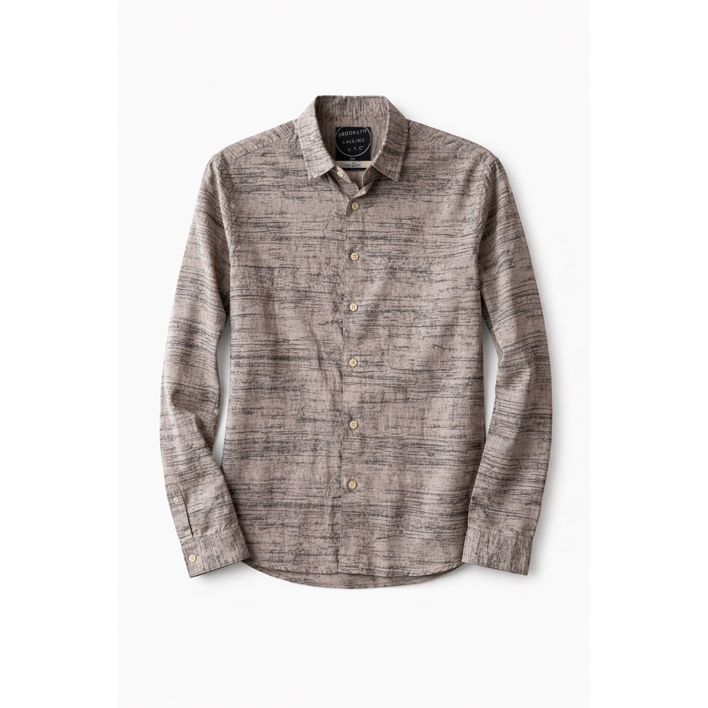 Brooklyn Calling NYC Mens Small Abstract Print Cotton Button Down Shirt Grey Tan